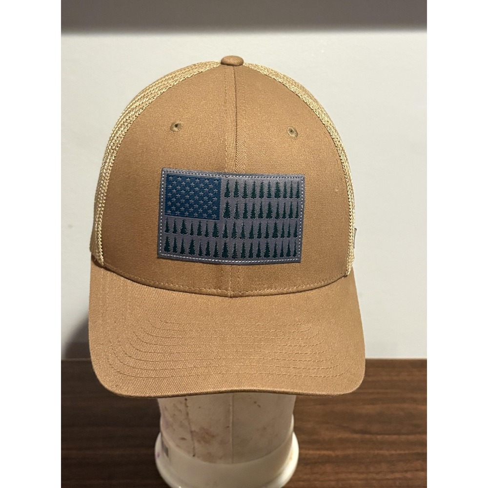 Columbia Hat Cap Fitted Mens Medium Brown Mesh USA Flag Trees Trucker Outdoor
